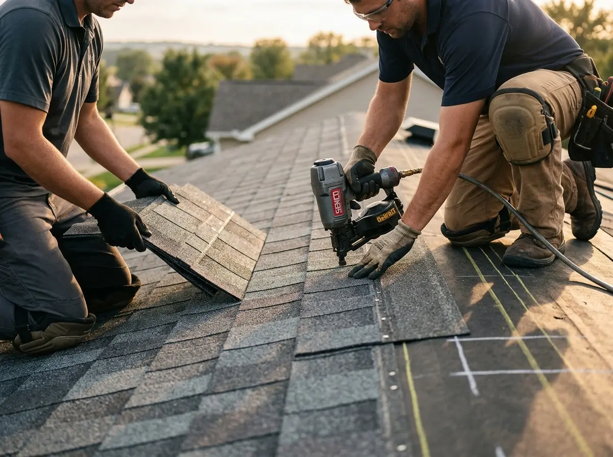 Professional roofer working on a residential roof in Wilkinsburg
